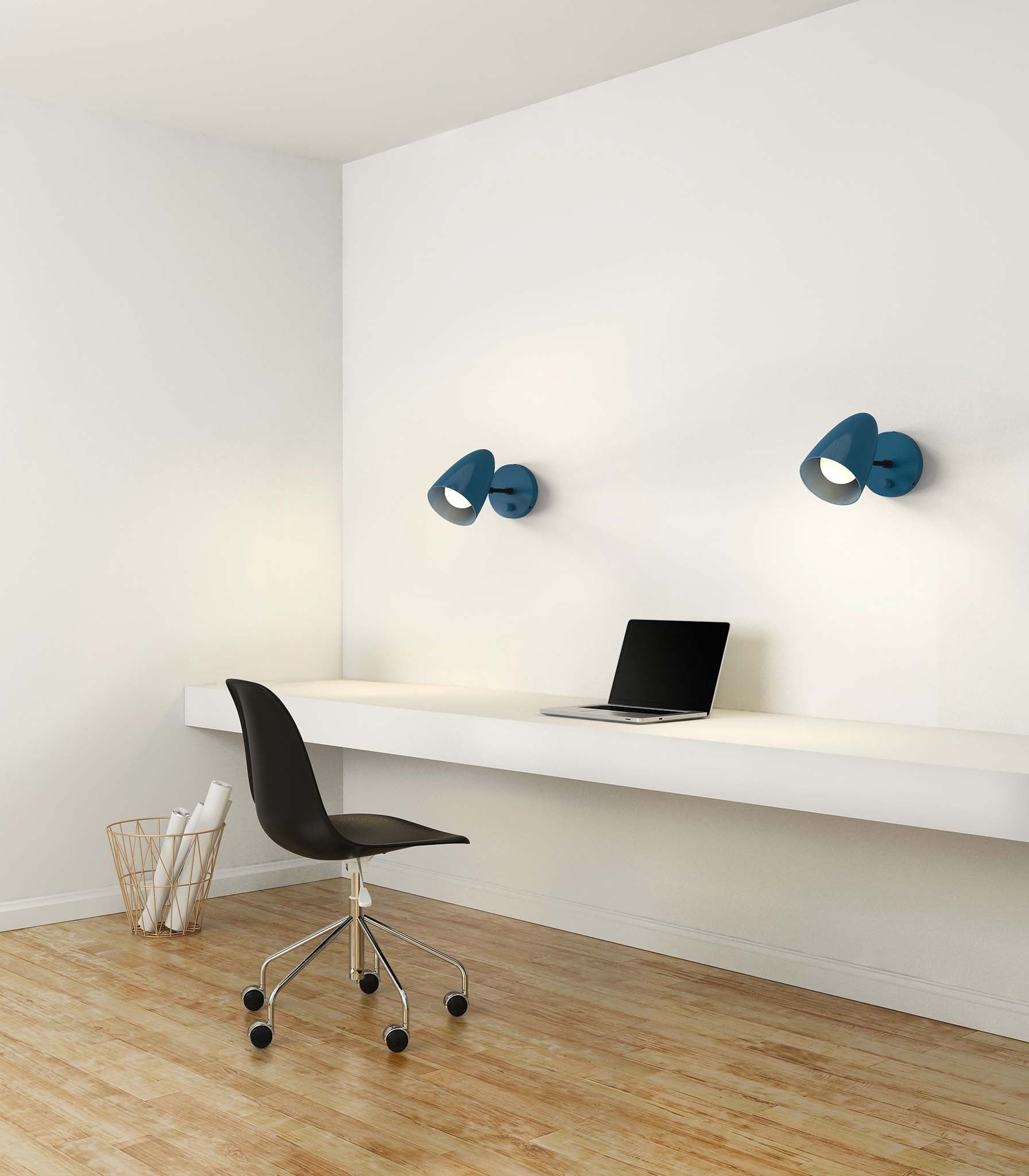 Slate blue Boom sconces in office Dutton Brown