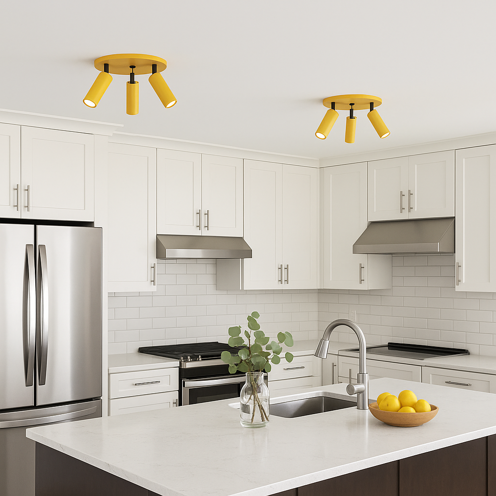 Pose light fixture ochre and black Dutton Brown lighting Modern kitchen with white cabinets, stainless steel appliances, and yellow ceiling lights.