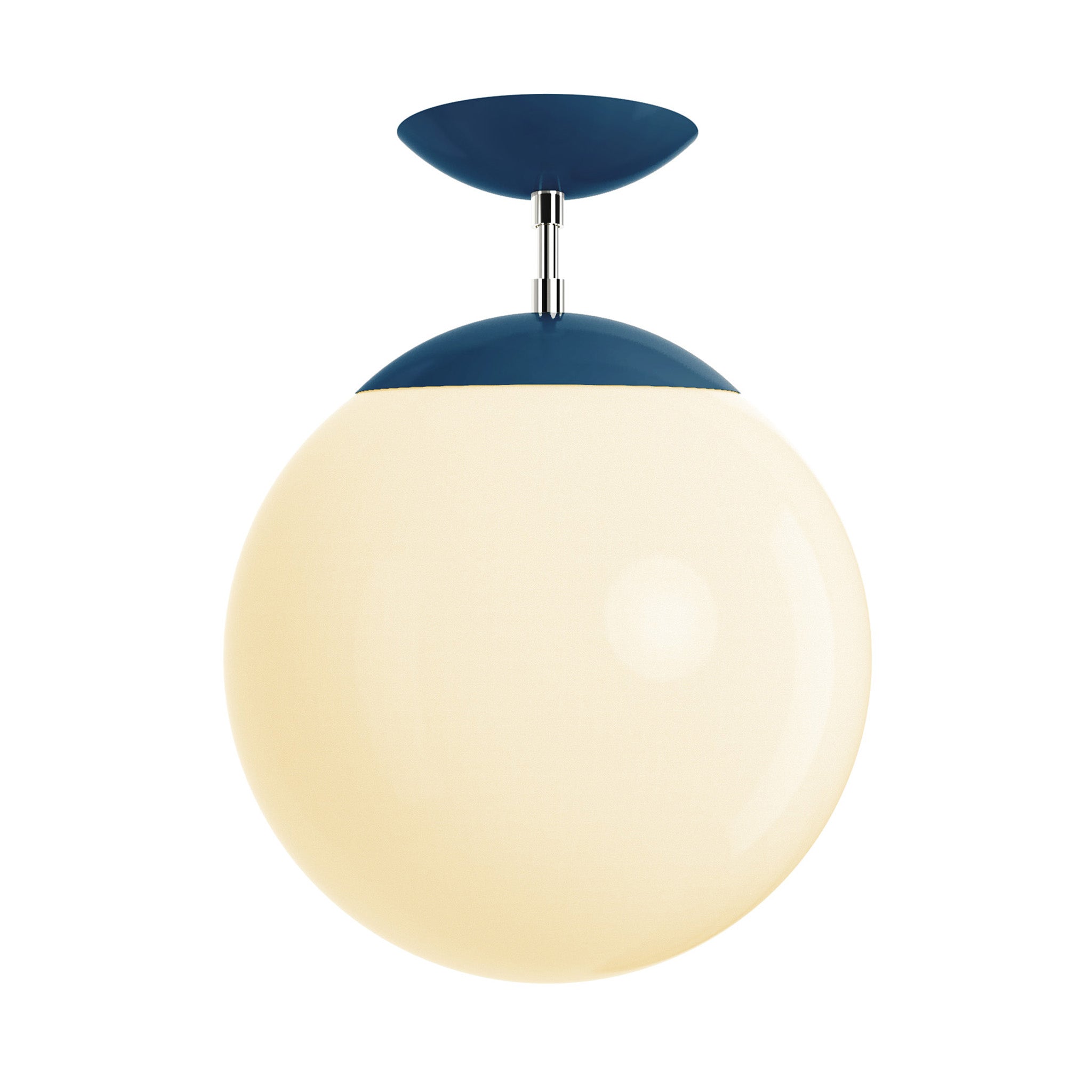 Polished nickel and slate blue cap white globe flush mount 12" dutton brown lighting