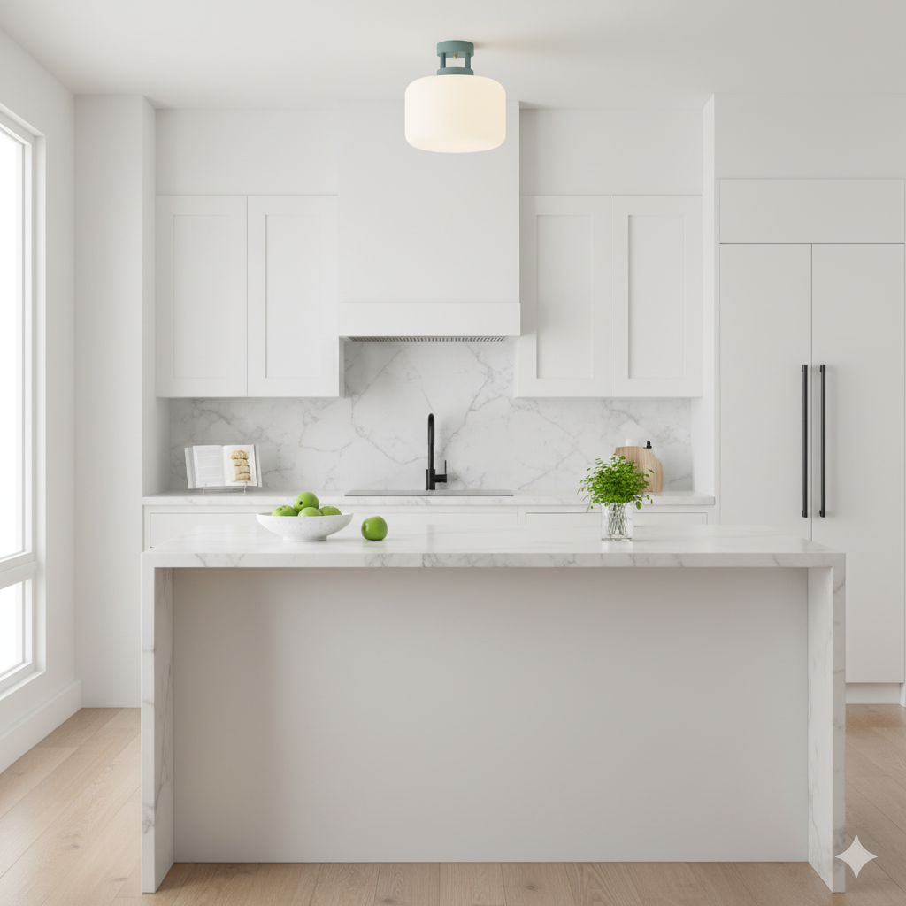 Maxo Flush Mount 13" Modern kitchen with white cabinets, marble countertop, and light wood flooring.
