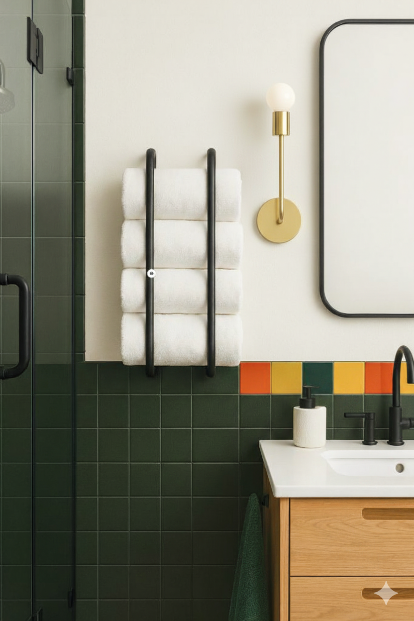 Tall Snug Sconce brass Dutton Brown Beyond Towel Rack 24"Bathroom interior with green tiles, a wooden vanity, and colorful mosaic.