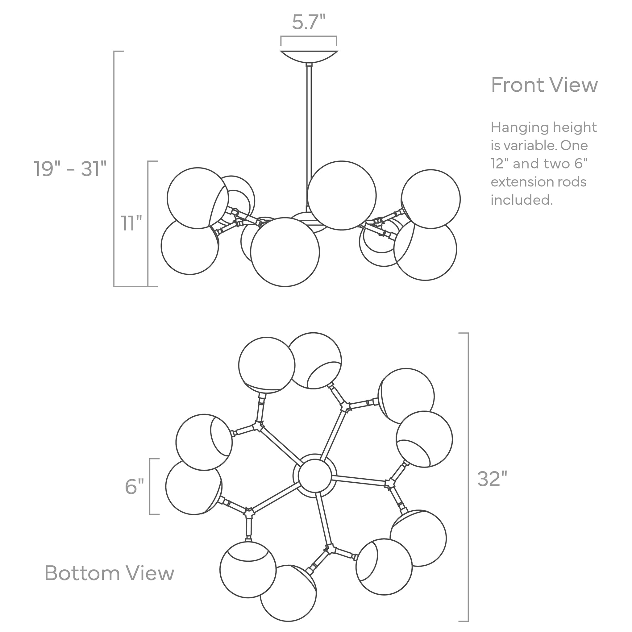 crown globe chandelier 32-inch ISO drawing, dutton brown lighting