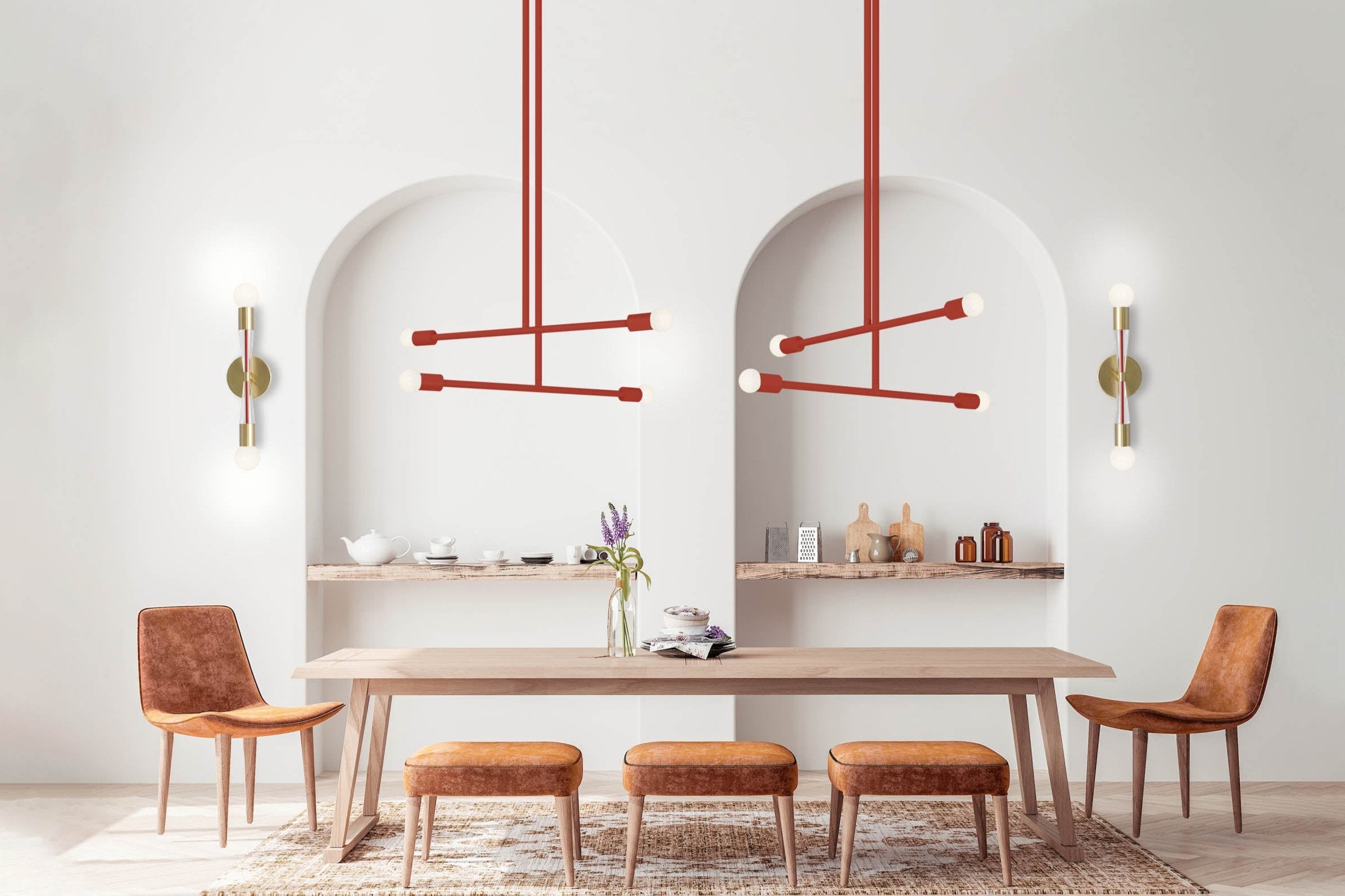 Brass and Riding hood red color phoenix sconce in dining room scene dutton brown lighting