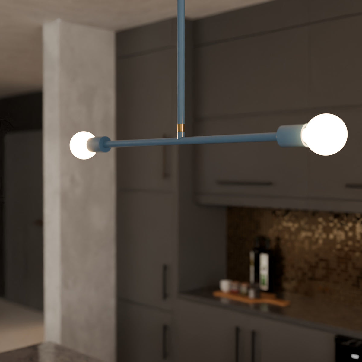 LED G25 Bulb - Matte White installed in a Pilot Pendant 29 in Slate Blue over a kitchen island, lit. Dutton Brown lighting