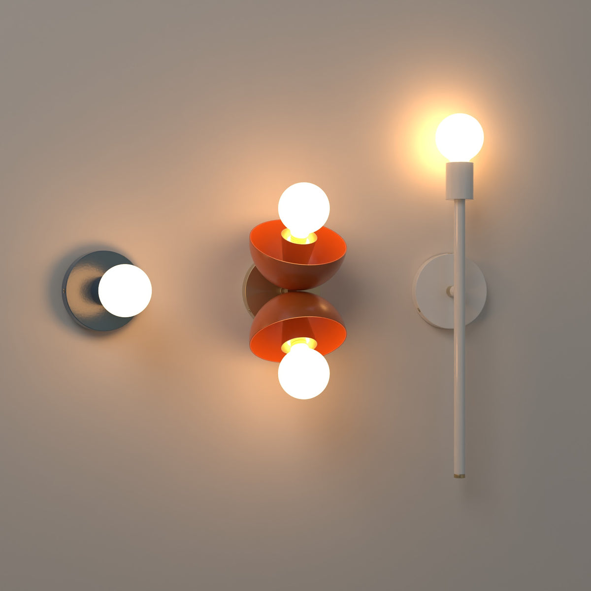 LED G25 Bulb - Matte White installed in a Twink Sconce in Slate Blue, a Beso Sconce in Orange and a Major Sconce 21 in White, all with Brass hardware, lit. Dutton Brown lighting