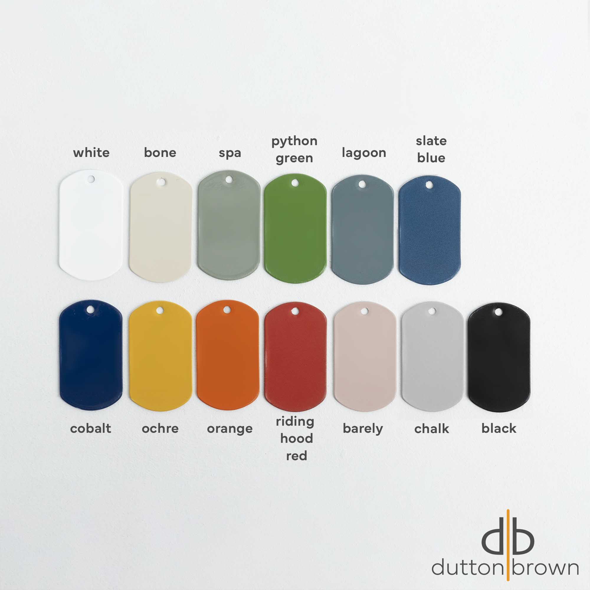 Color swatches with labels on a white background, featuring the Dutton Brown brand.