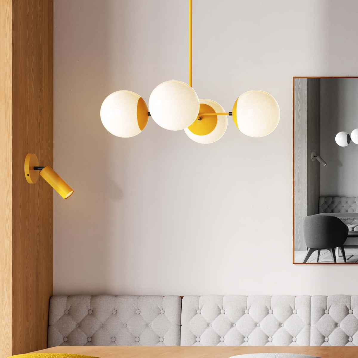 Black and ochre yellow color big orbi chandelier restaurant scene dutton brown lighting