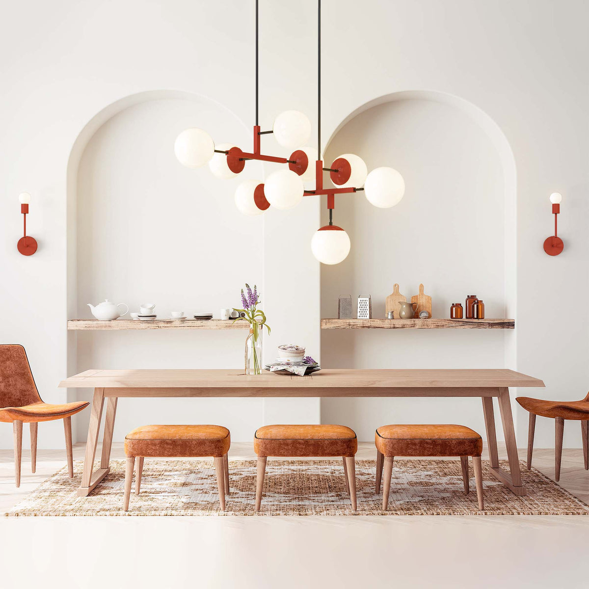 Black and riding hood red color big prisma and color big status dining table scene dutton brown lighting