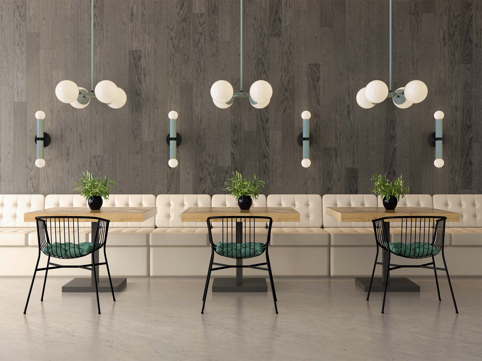 Black and spa green color monarch wall sconce restaurant scene dutton brown lighting
