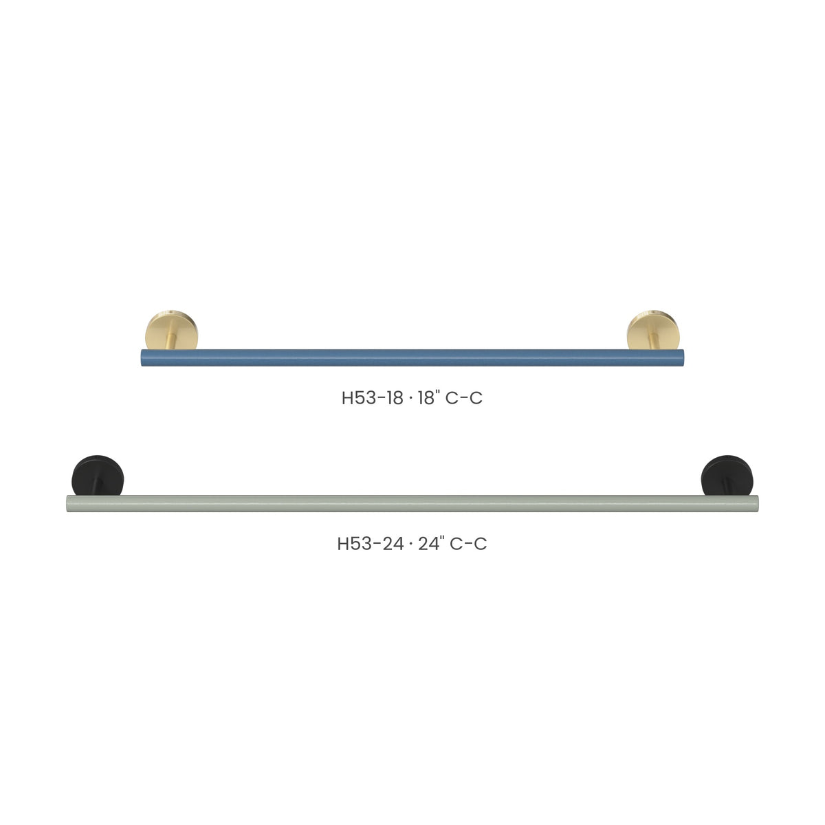 Swift Towel Bar 18" Nickel and Riding Hood Red above Swift Towel Bar 24" Brass and Python Green, size comparison, Dutton Brown hardware