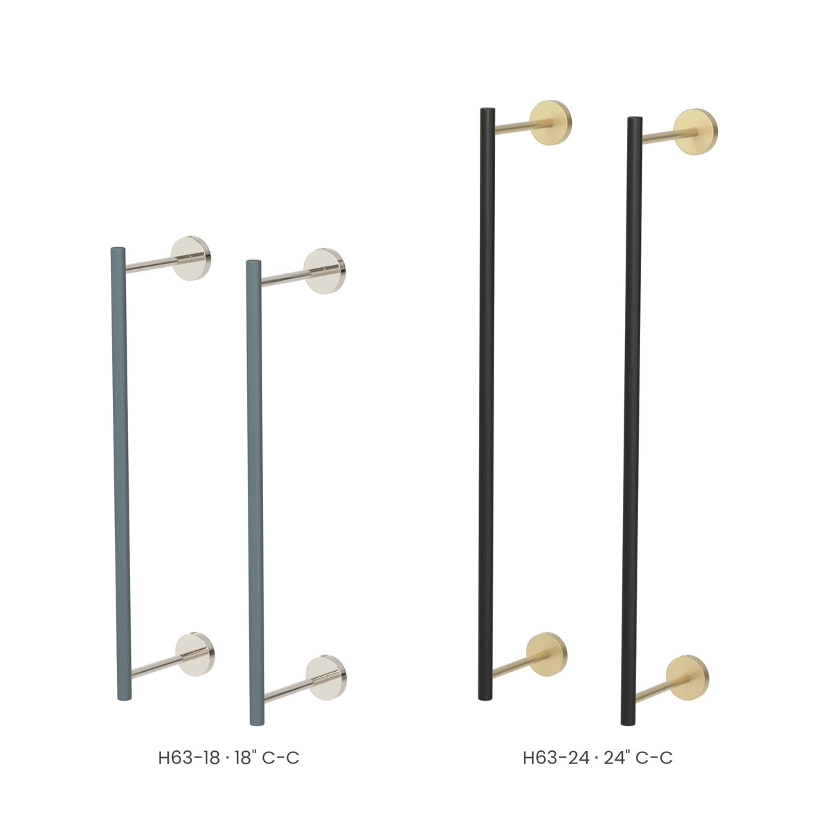Swift Towel Rack 18" Brass and Ochre beside Swift Towel Rack 24" Black and Cobalt, size comparison, Dutton Brown hardware