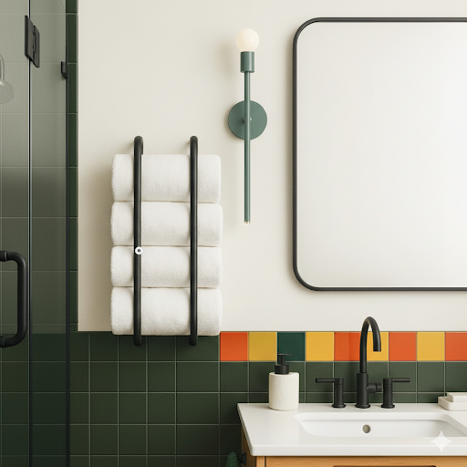 Dutton Brown Beyond towel rack 24" Modern bathroom with green tiles, Major wall sconce 21" white towels, and colorful tile backsplash.