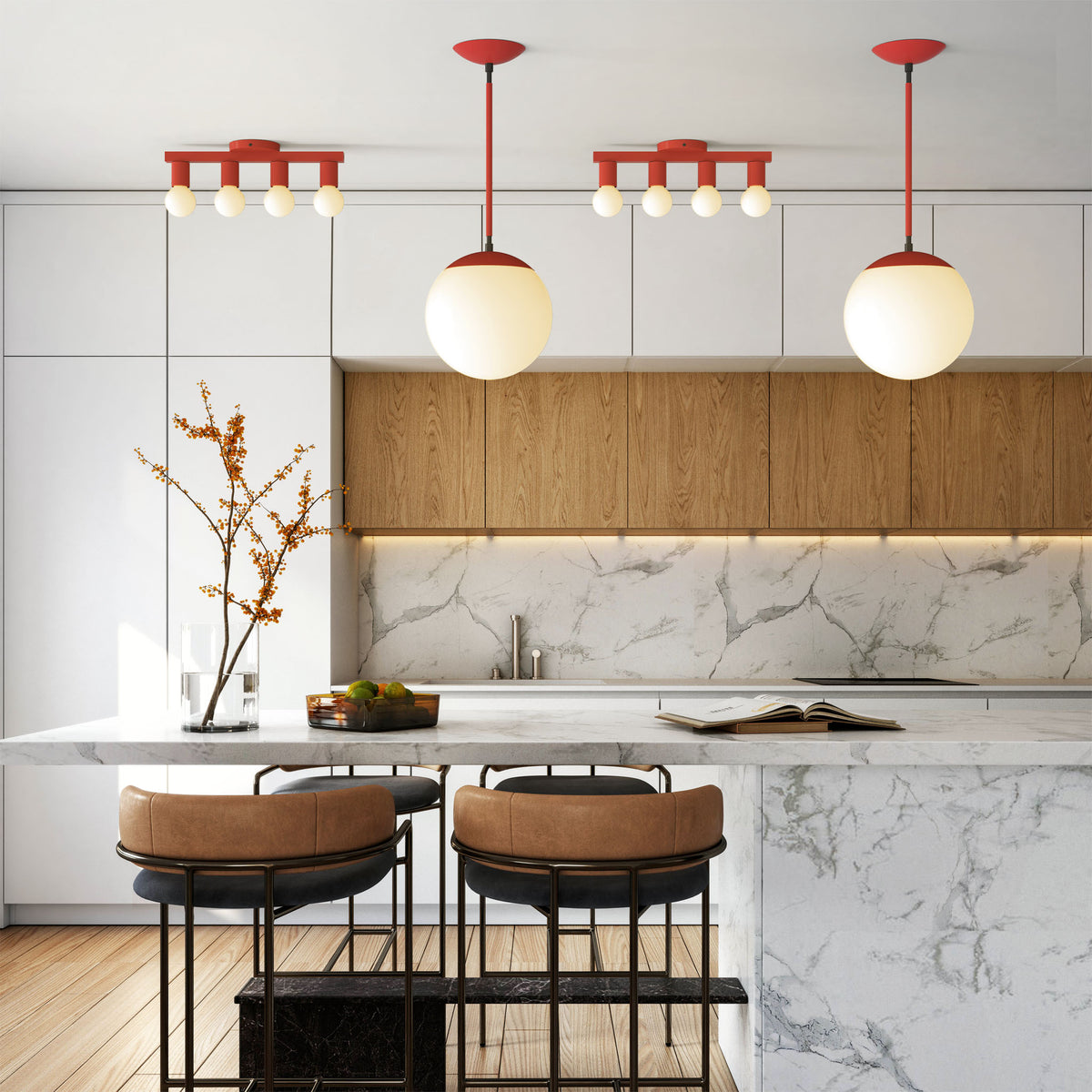 black and riding hood red Vogue 4 flush mounts and Cap Pendants 10 kitchen island scene Dutton Brown