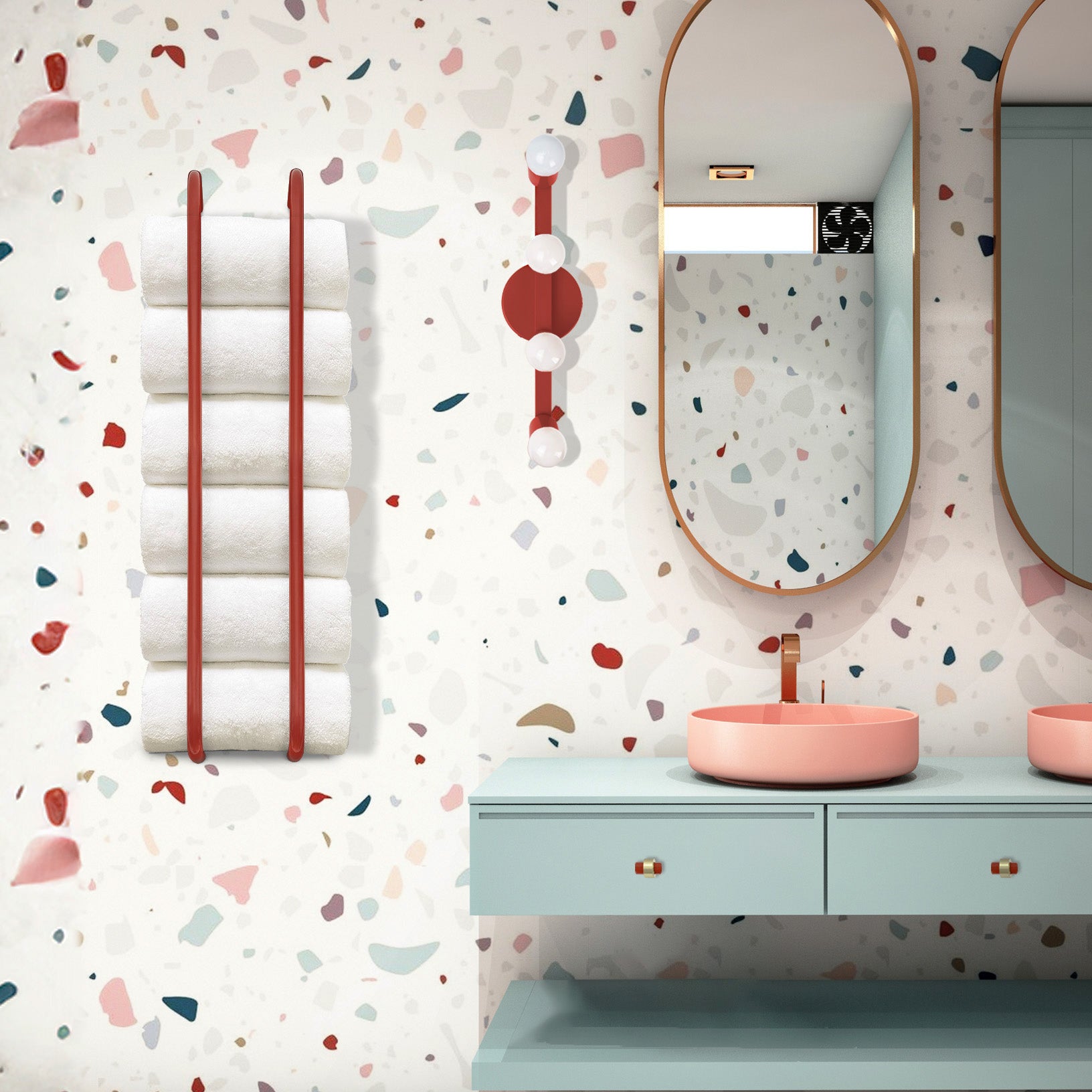 Red Vogue 4 wall sconce vanity lighting bathroom scene Dutton Brown