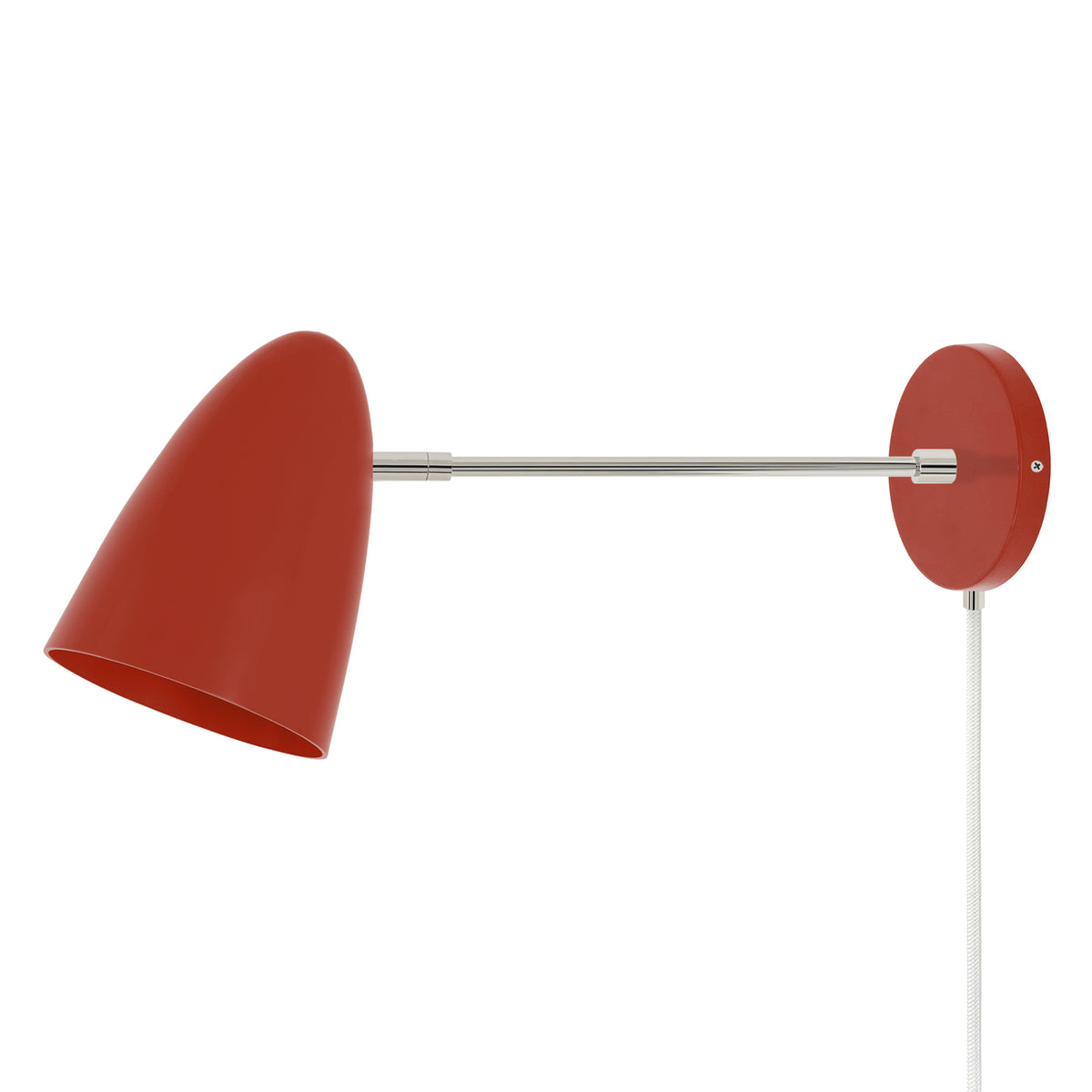 Nickel and riding hood red color Boom plug-in sconce 10" arm Dutton Brown lighting