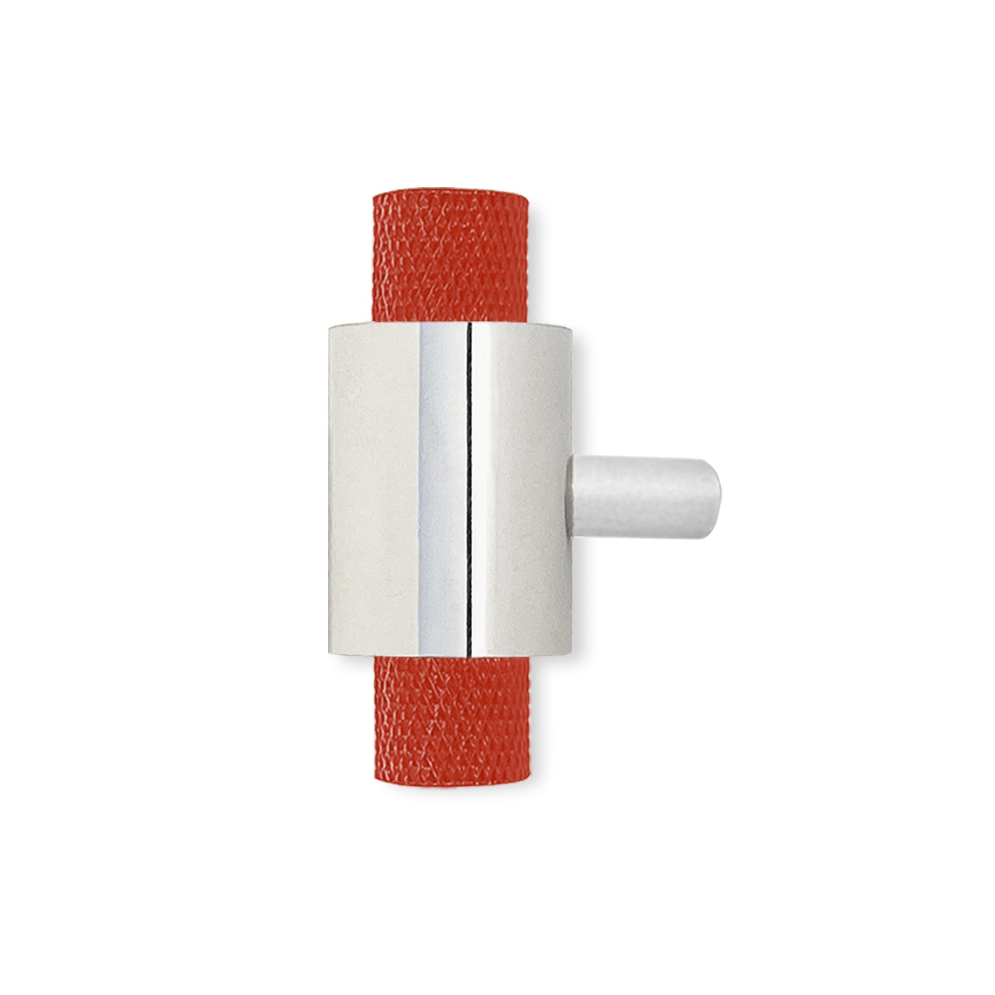 Nickel and riding hood red color Tux knob Dutton Brown hardware