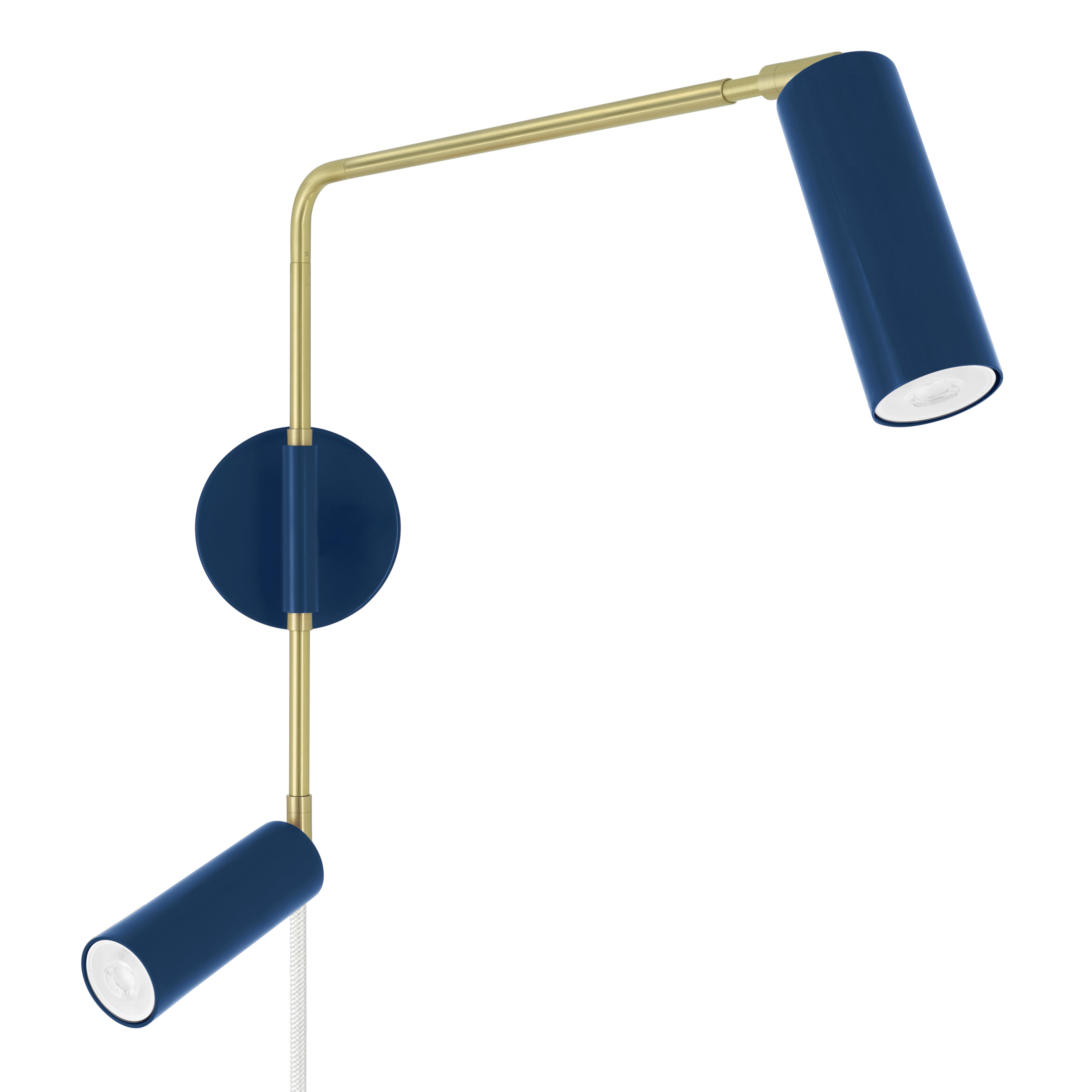 Brass and cobalt color Reader Double Swing Arm plug-in sconce Dutton Brown lighting