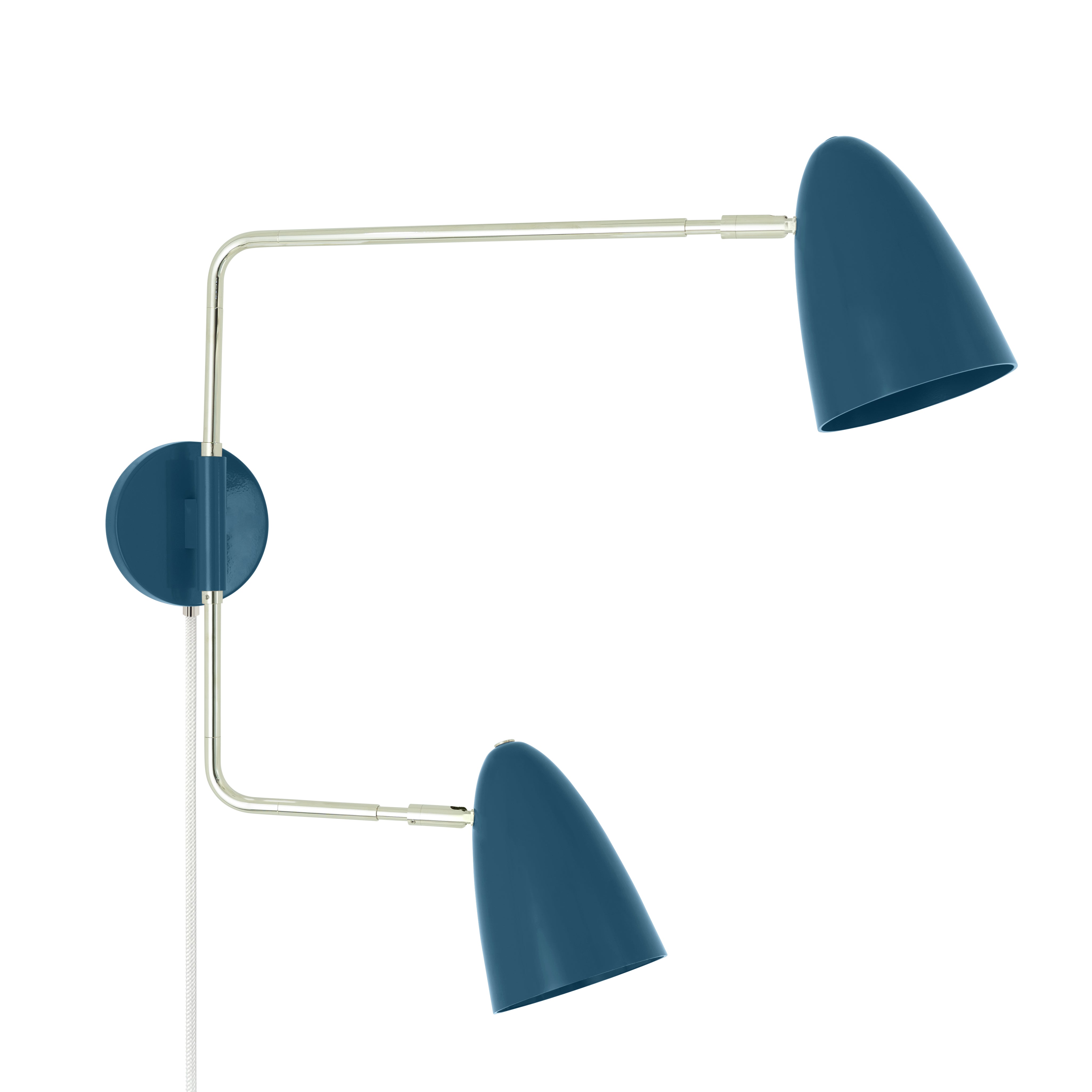 Nickel and slate blue color Boom Double Swing Arm plug-in sconce Dutton Brown lighting