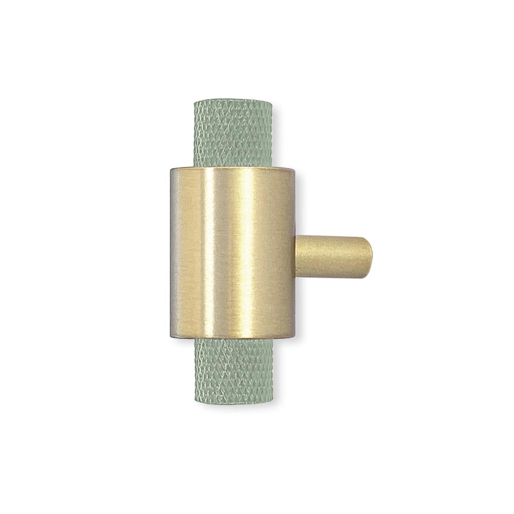 Brass and spa color Tux knob Dutton Brown hardware