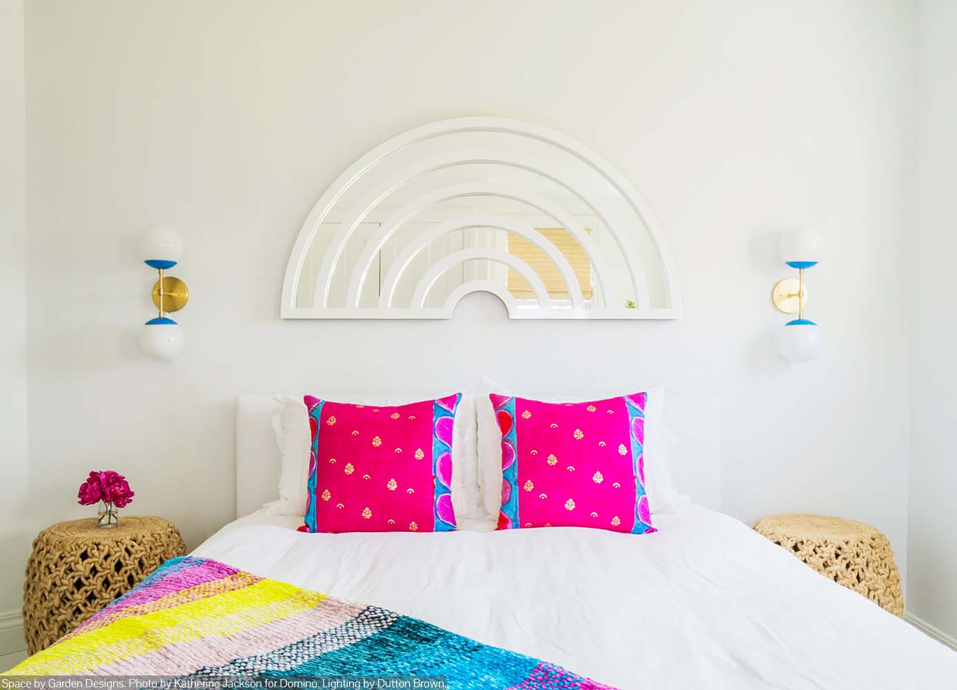 Brass and blue color Cap Double sconce 6" by Dutton Brown. Space by Garden Designs. Photos by Katherine Jackson in Domino Magazine.