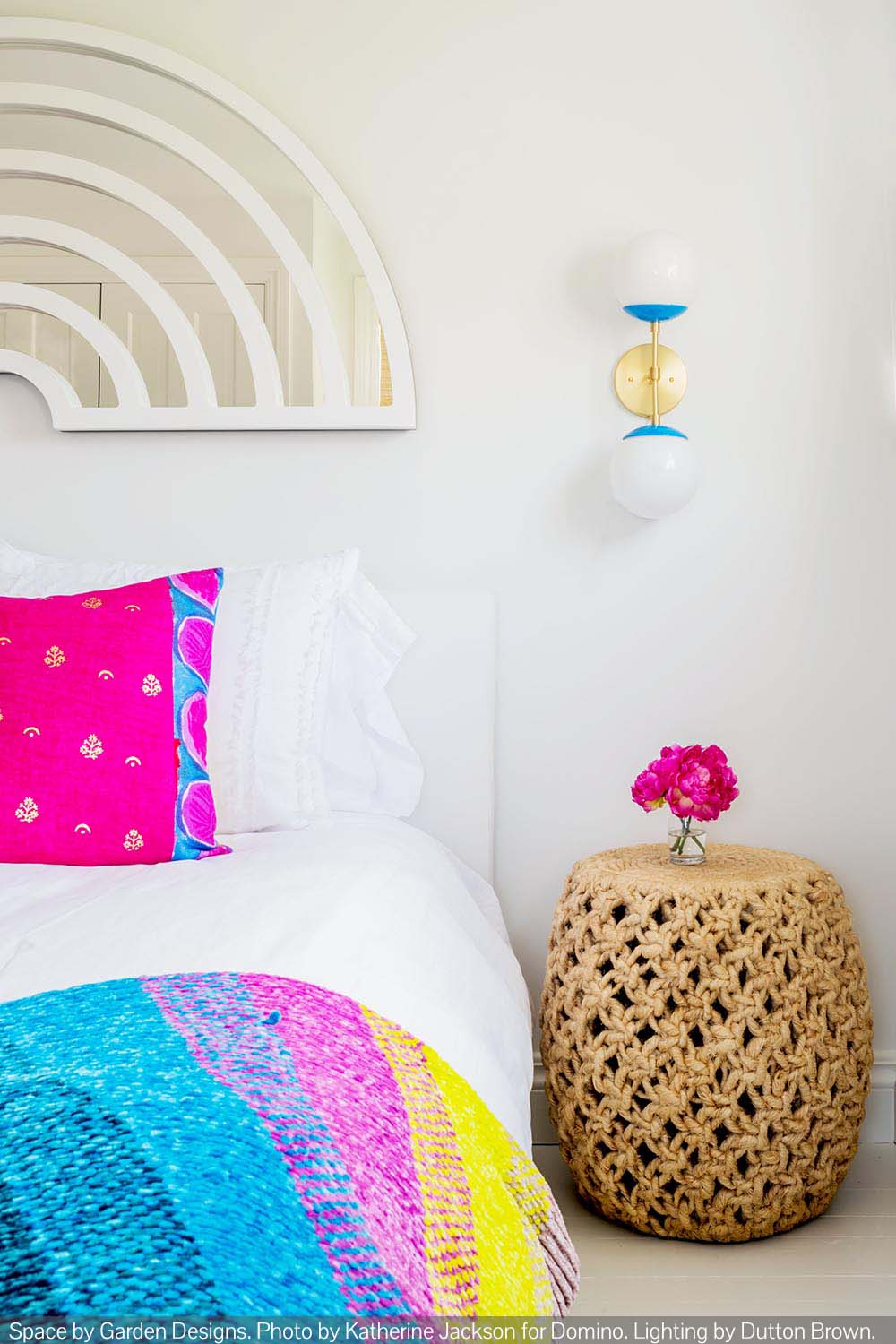 Brass and blue color Cap Double sconce 6" by Dutton Brown. Space by Garden Designs. Photos by Katherine Jackson in Domino Magazine.