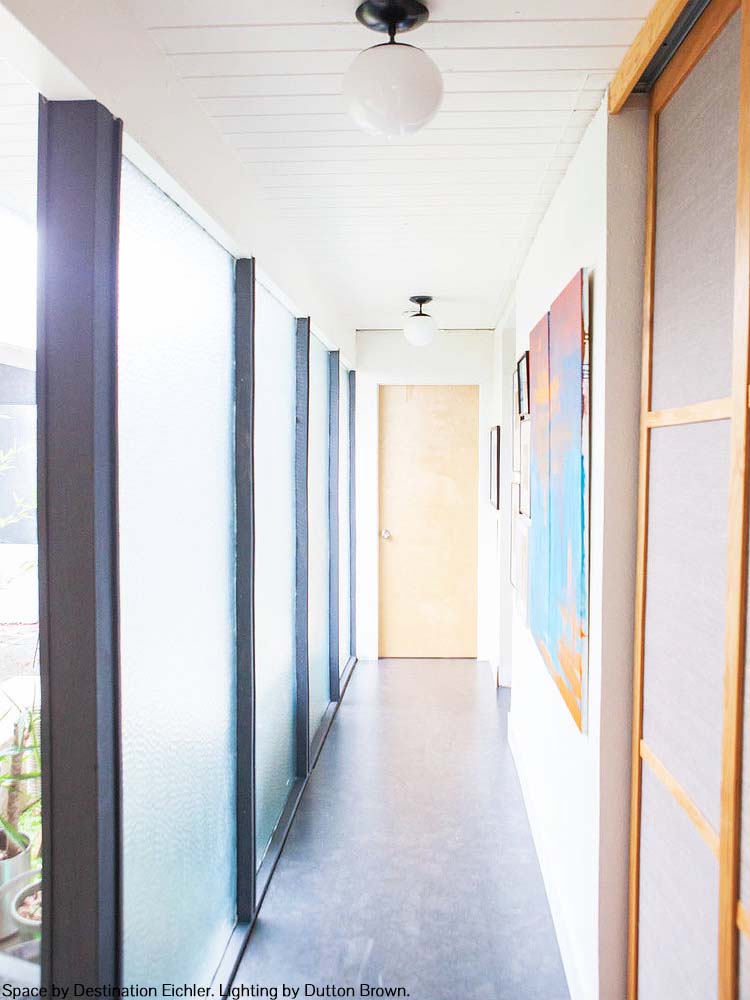 Black Cap flush mount 8" by Dutton Brown. Space by Destination Eichler, Karen Napacena.