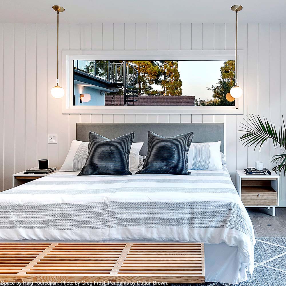 Brass and white color Pop pendant 10" by Dutton Brown. Space by Haig Youredjian. Photo by Greg Frost Photography. _hover