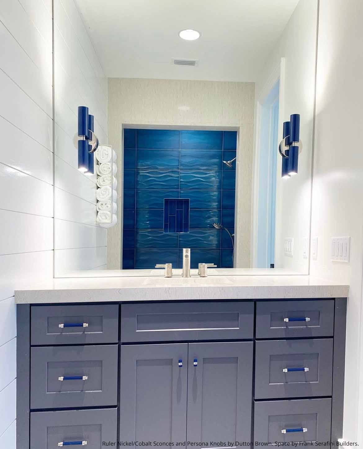 Ruler nickel/cobalt sconce and Persona knobs by Dutton Brown. Space by Frank Serafini Builders.