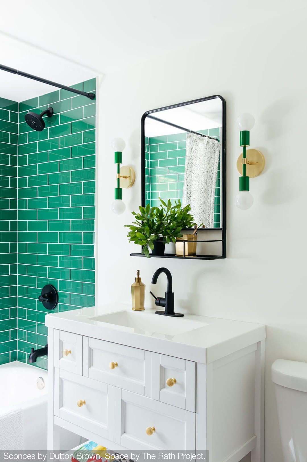 Brass and kelly green color Scepter sconce 10" by Dutton Brown. Space and photo by the Rath Project.