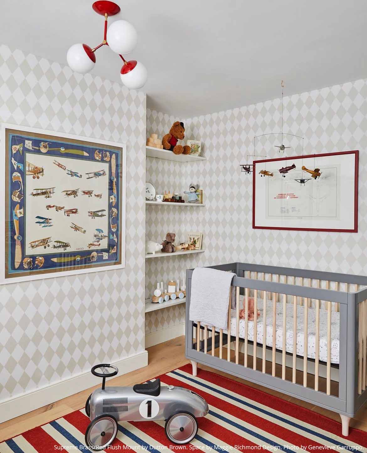 Brass and red color Supreme flush mount by Dutton Brown. Space by Maggie Richmond Design. Photo by Genevieve Garruppo.