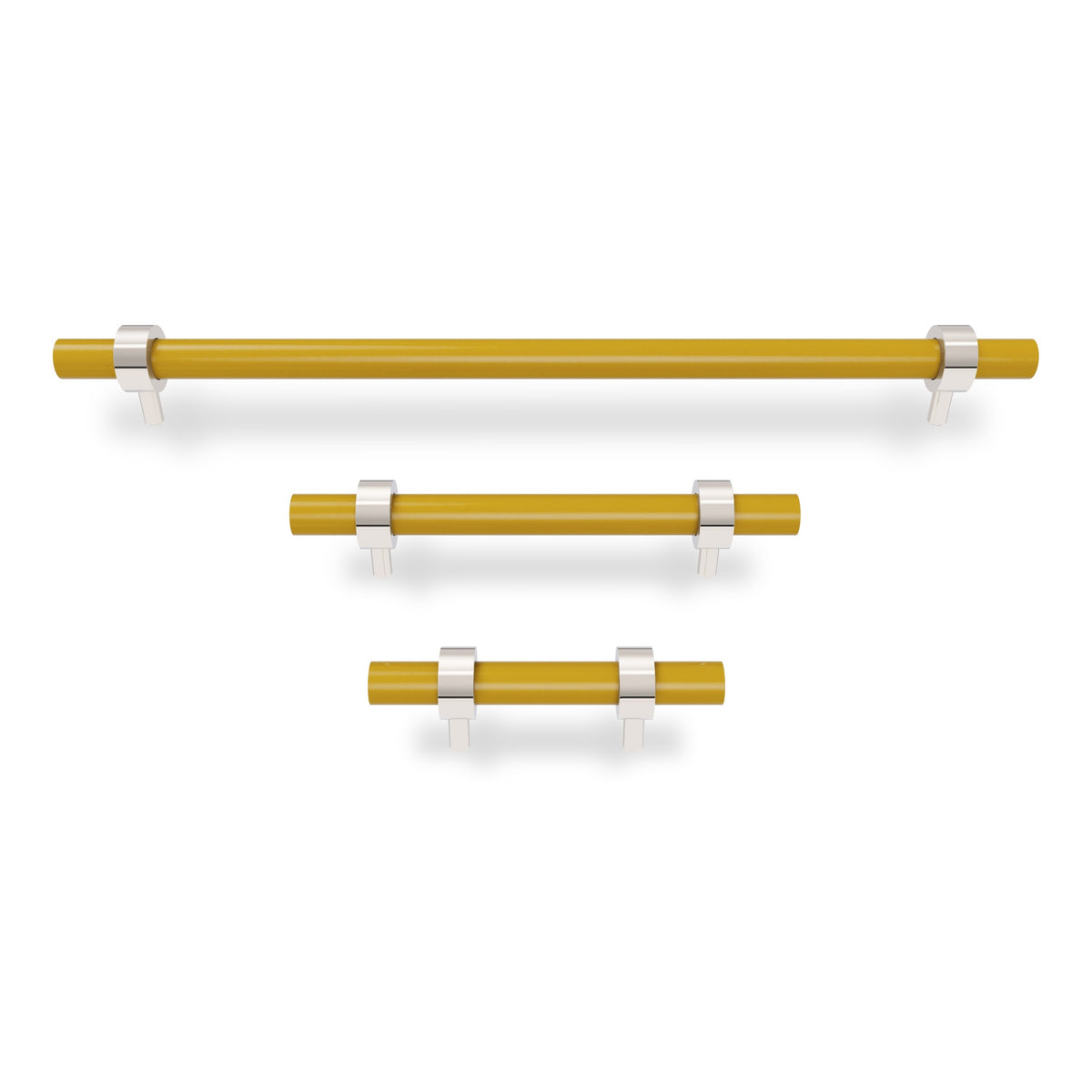 Nickel and ochre color Caliber pull Dutton Brown hardware