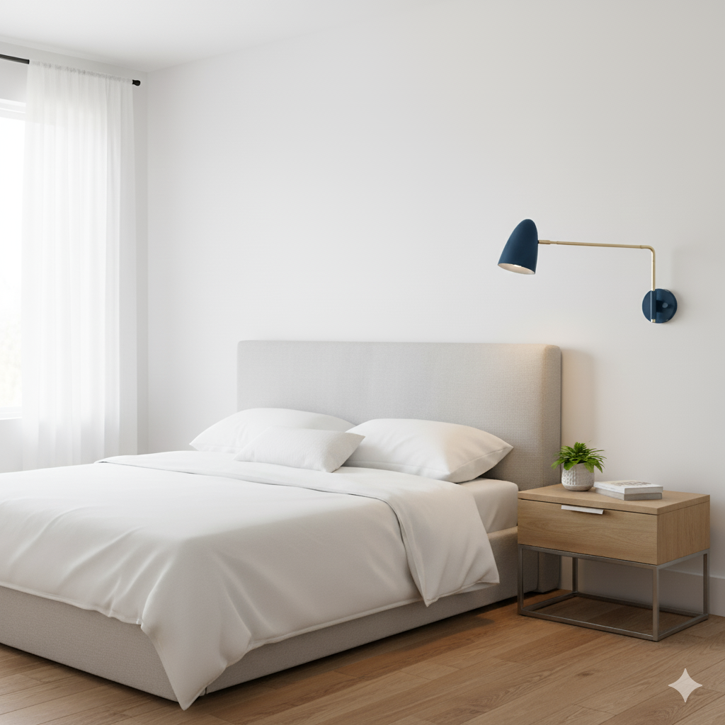 Boom Swing Arm  17" Slate Blue and brass wall sconce Modern bedroom with a neatly made bed, nightstand, and wall lamp.