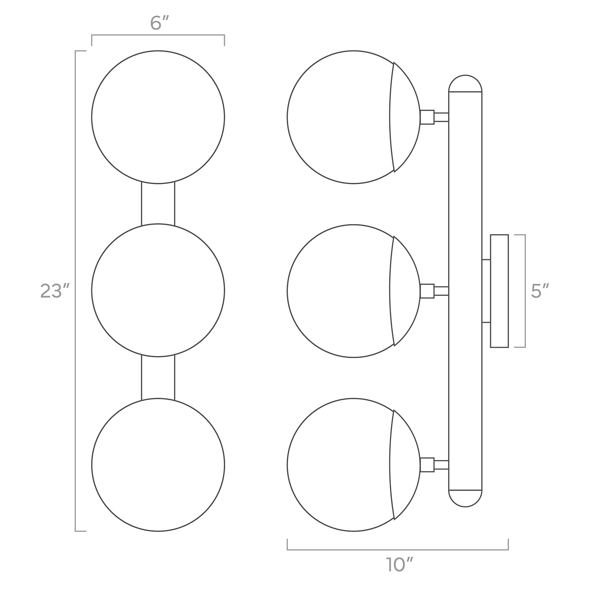 color icon 3 globe wall sconce ISO drawing, dutton brown lighting