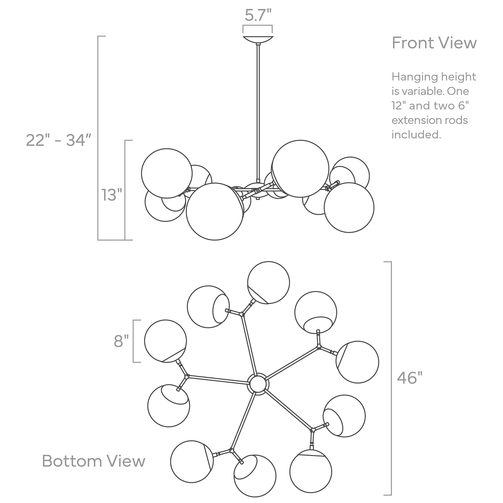 crown globe chandelier 46-inch ISO drawing, dutton brown lighting