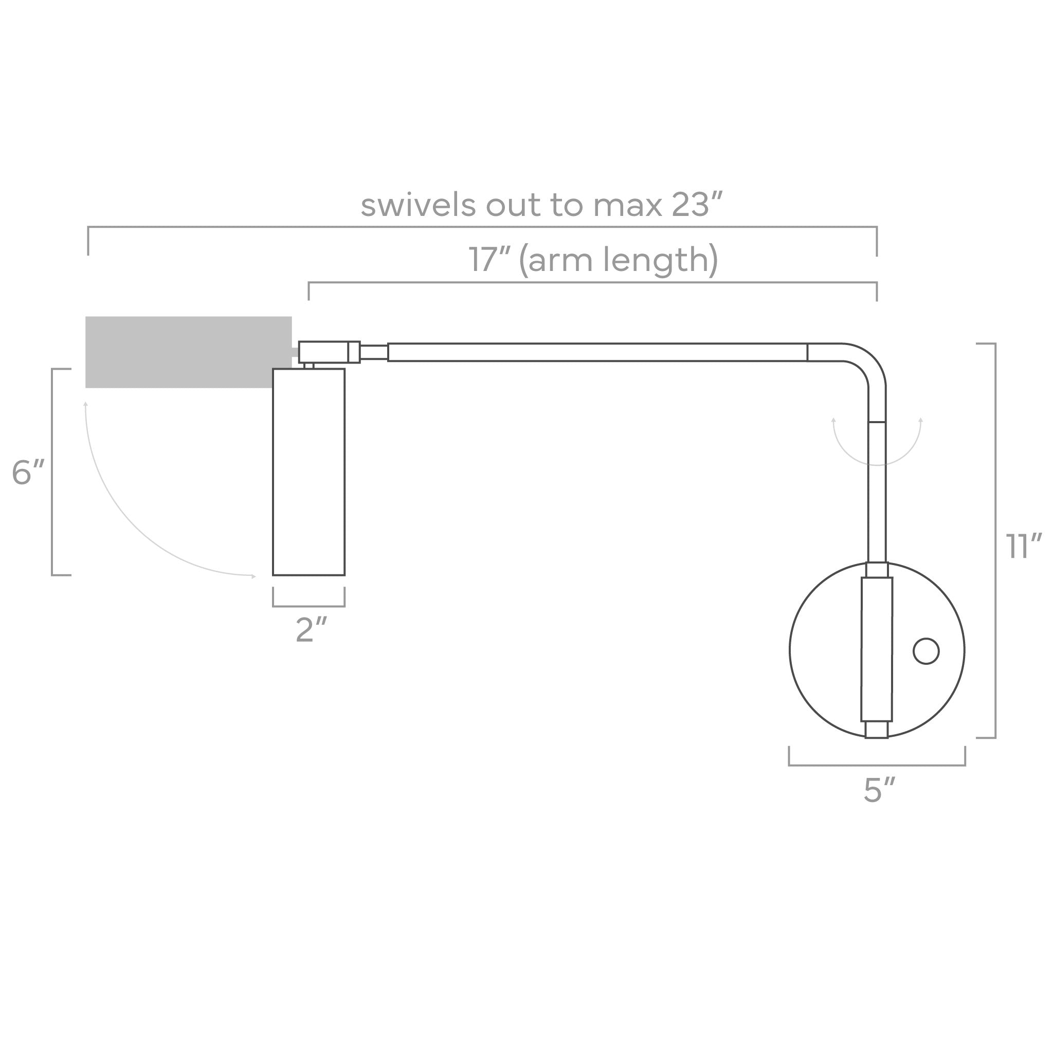color reader swing arm 17" adjustable wall sconce ISO drawing, dutton brown lighting