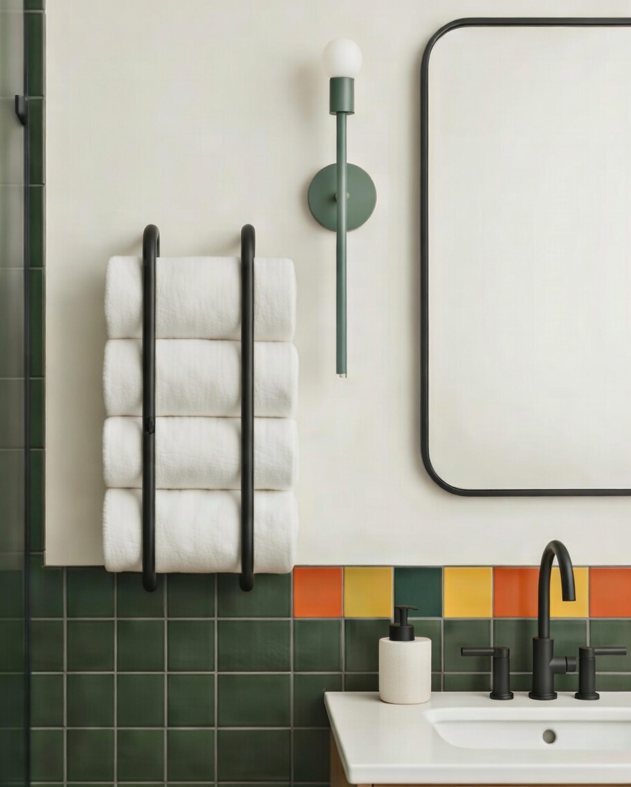 Bathroom with Beyond towel rack in Black, mirror,  colorful tiles, and Major Sconce 21" in Lagoon