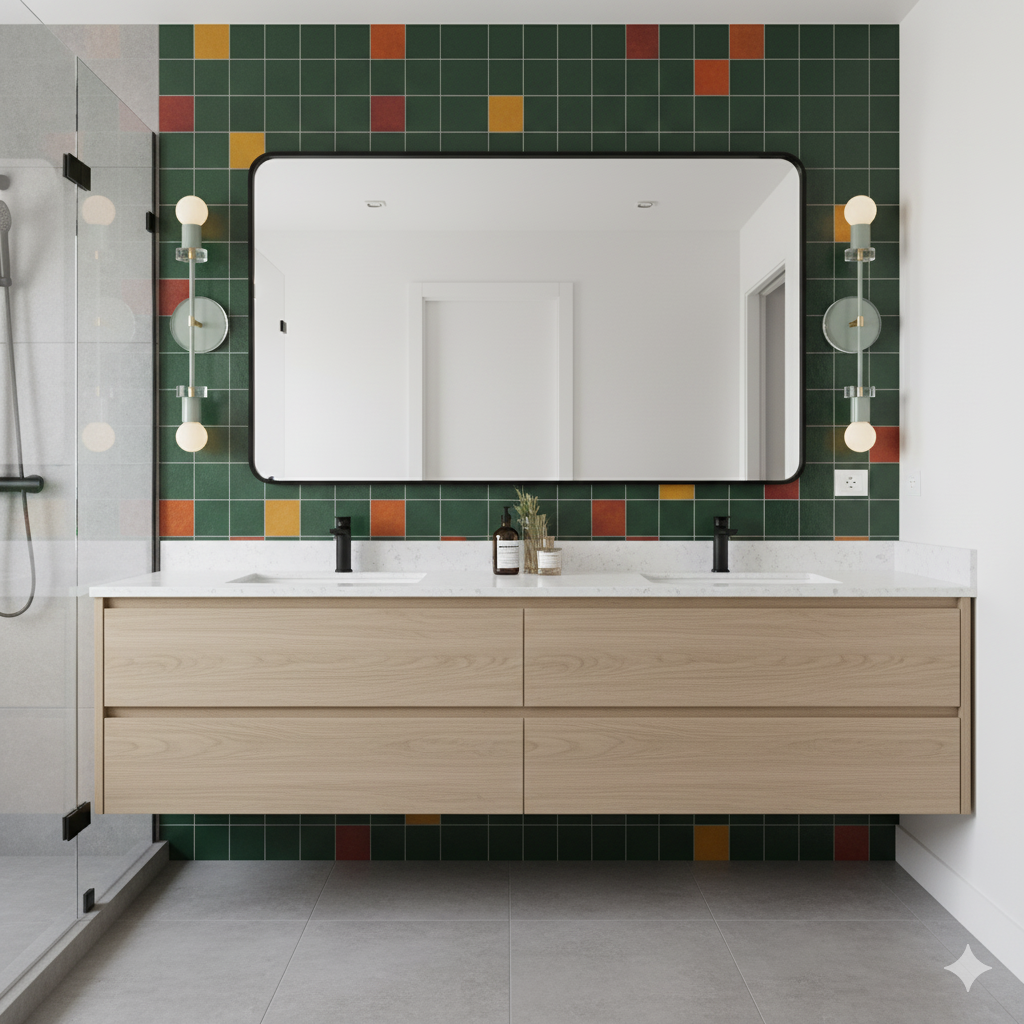 Bianca 20" Spa and Brass Bathroom vanity with a large mirror and colorful tiled backsplash. Dutton Brown lighting