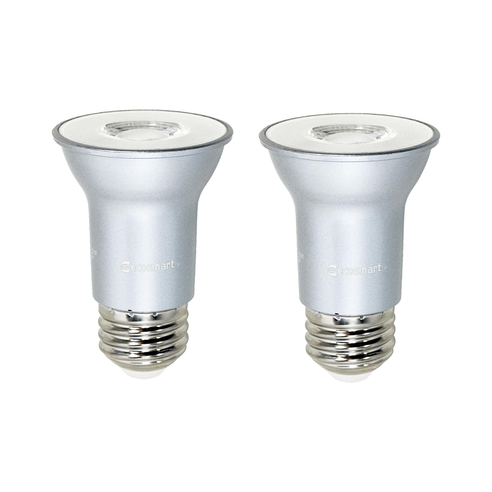 Two Ecosmart LED light bulbs PAR16 medium base bulbs on a white background