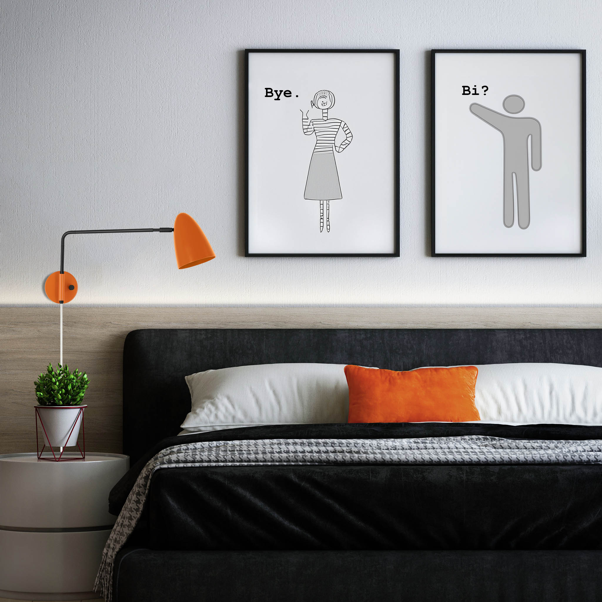 Color Boom swing arm plug-in sconce lighting bedroom orange pillow Dutton Brown photo by Kam Idris