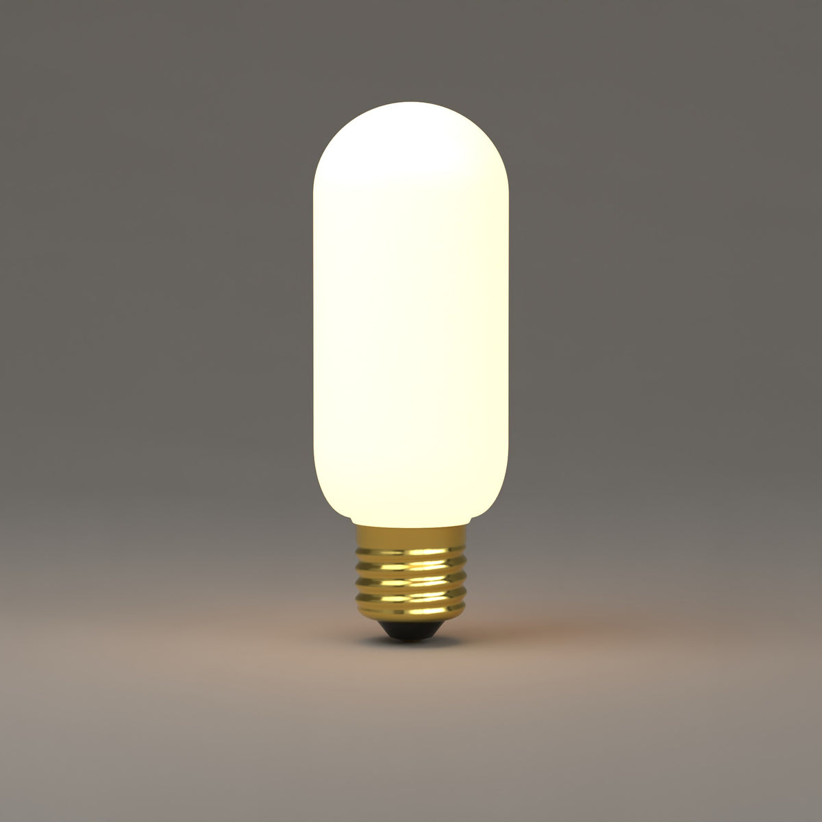 LED T45 Bulb - Matte White lit, glowing warm white at 3000K. Dutton Brown lighting