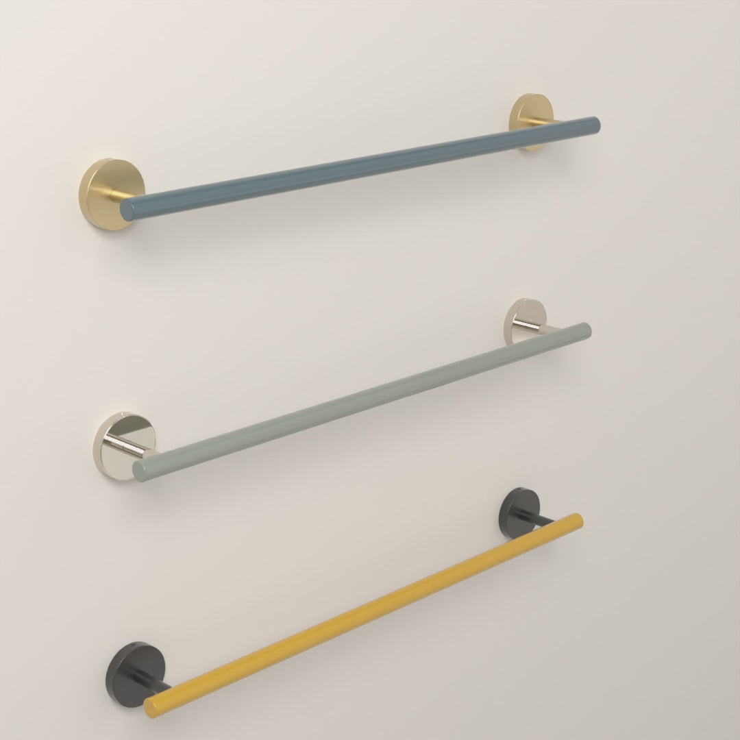 Swift Towel Bar 18 in Lagoon with Brass, Spa with Nickel and Ochre with Black hardware, 8-second product video. Dutton Brown lighting