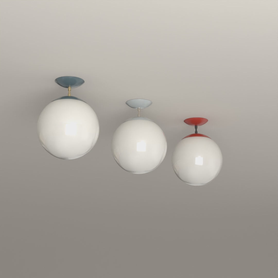 Cap Flush Mount 12 in Lagoon with Brass, Chalk with Nickel and Riding Hood Red with Black hardware, 8-second product video. Dutton Brown lighting