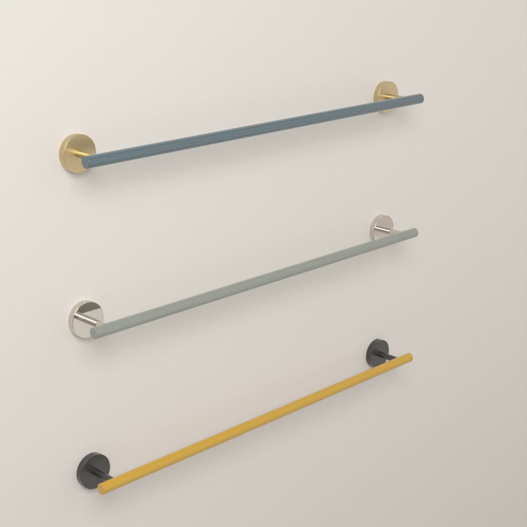 Swift Towel Bar 24 in Lagoon with Brass, Spa with Nickel and Ochre with Black hardware, 8-second product video. Dutton Brown lighting