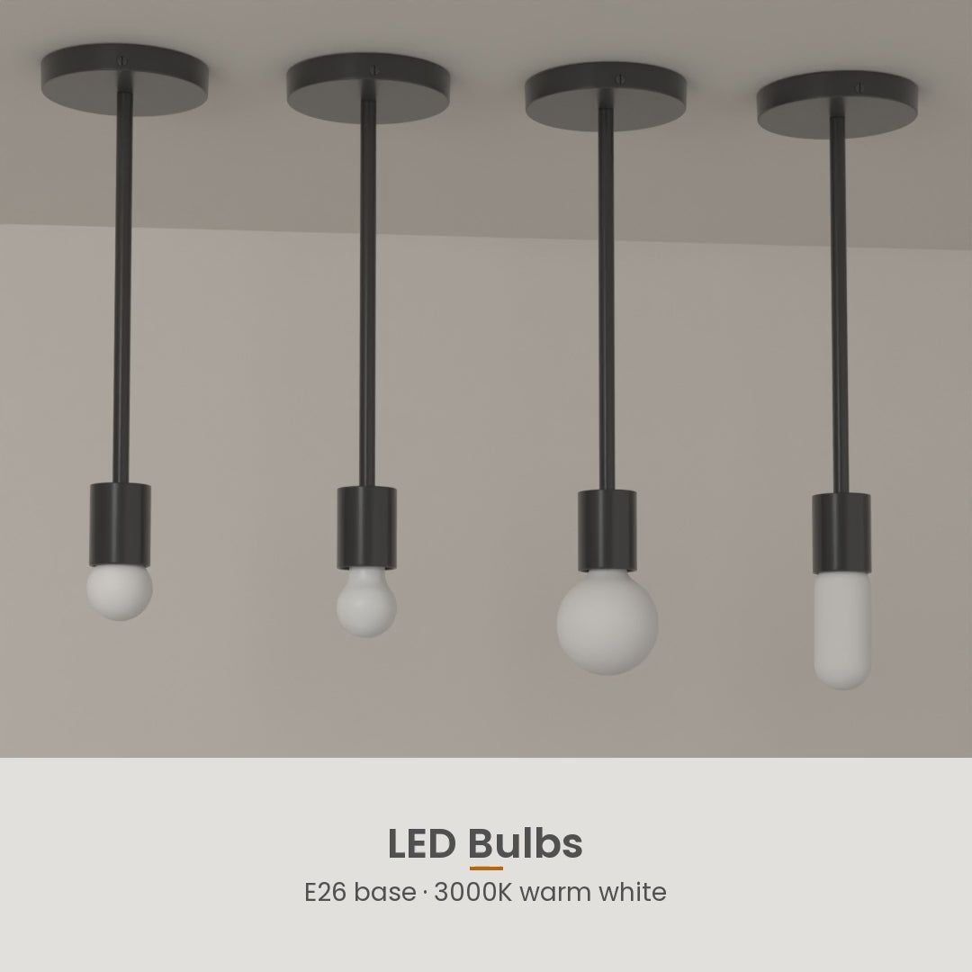 LED G16, A15, G25 and T45 bulbs side by side in Black Twink Pendants, turning on one by one, 12-second product video. Dutton Brown lighting