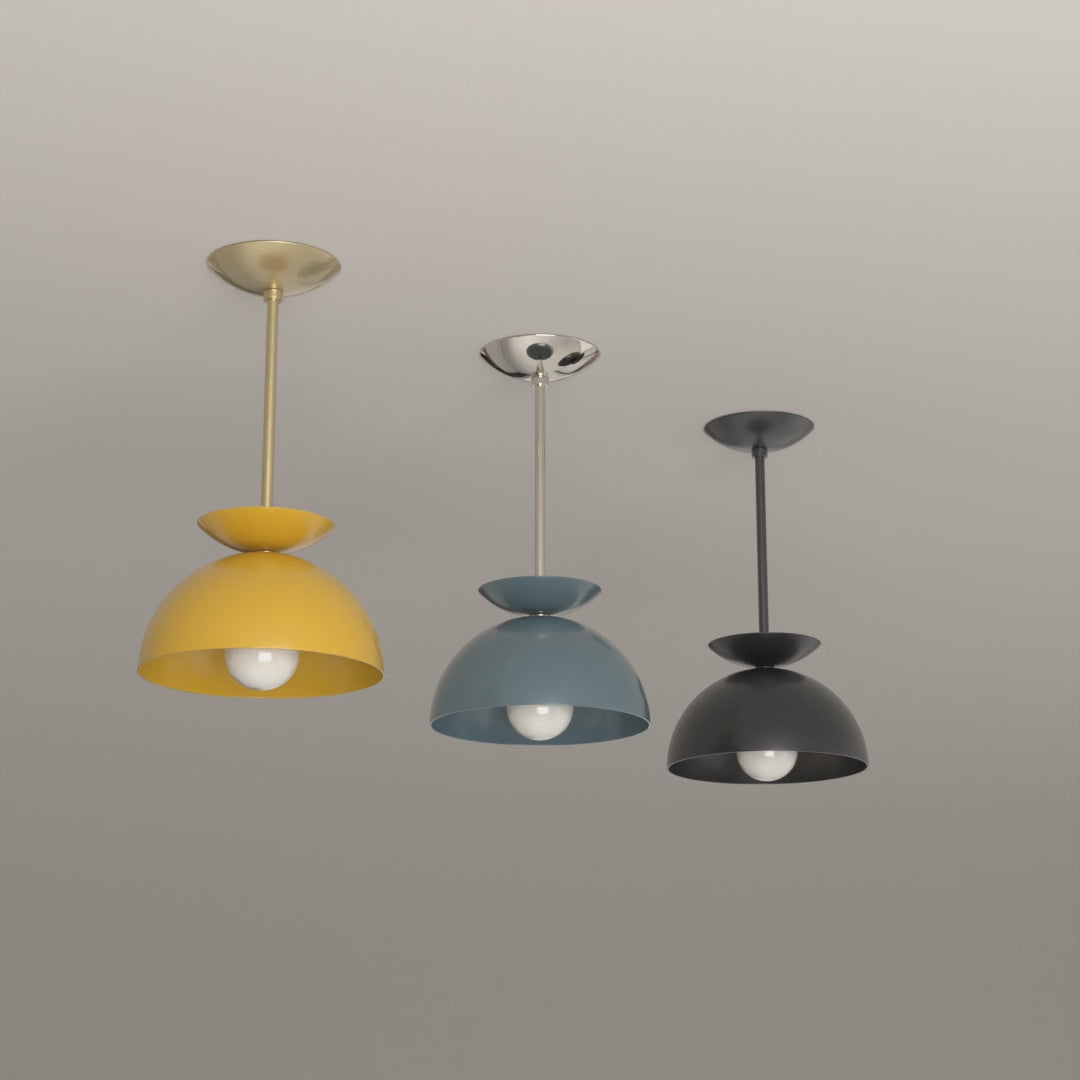 Echo Pendant 10 in Ochre with Brass, Lagoon with Nickel and Black with Black hardware, 8-second product video. Dutton Brown lighting