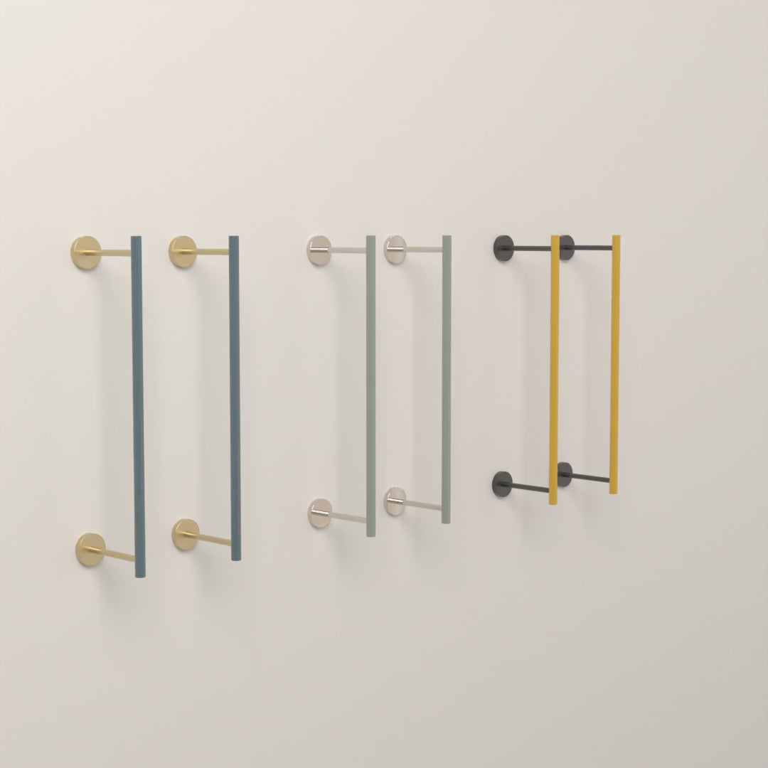 Swift Towel Rack 18 in Lagoon with Brass, Spa with Nickel and Ochre with Black hardware, 8-second product video. Dutton Brown lighting