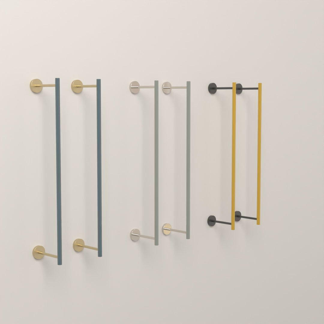 Swift Towel Rack 24 in Lagoon with Brass, Spa with Nickel and Ochre with Black hardware, 8-second product video. Dutton Brown lighting