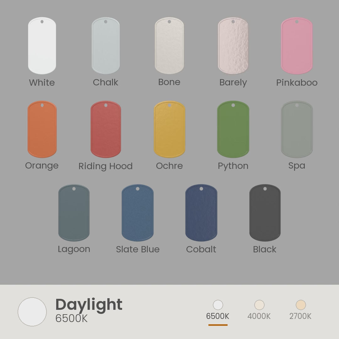 All 14 Dutton Brown powder coat colors under daylight, bright white and soft white bulbs