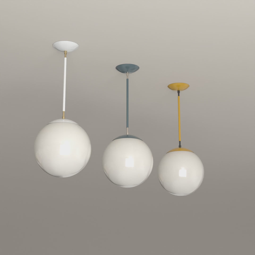 Cap Pendant 12 in White with Brass, Lagoon with Nickel and Ochre with Black hardware, 8-second product video. Dutton Brown lighting