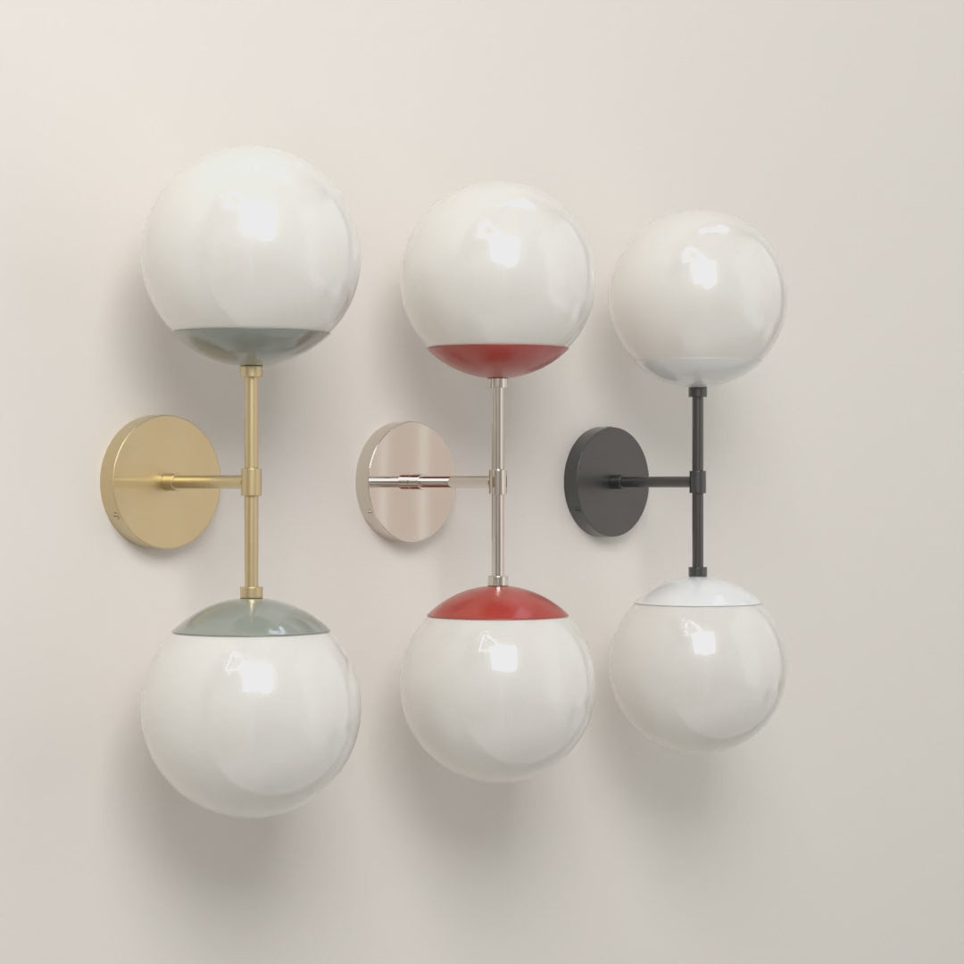 Cap Double Sconce 8 in Spa with Brass, Riding Hood Red with Nickel and White with Black hardware, 8-second product video. Dutton Brown lighting